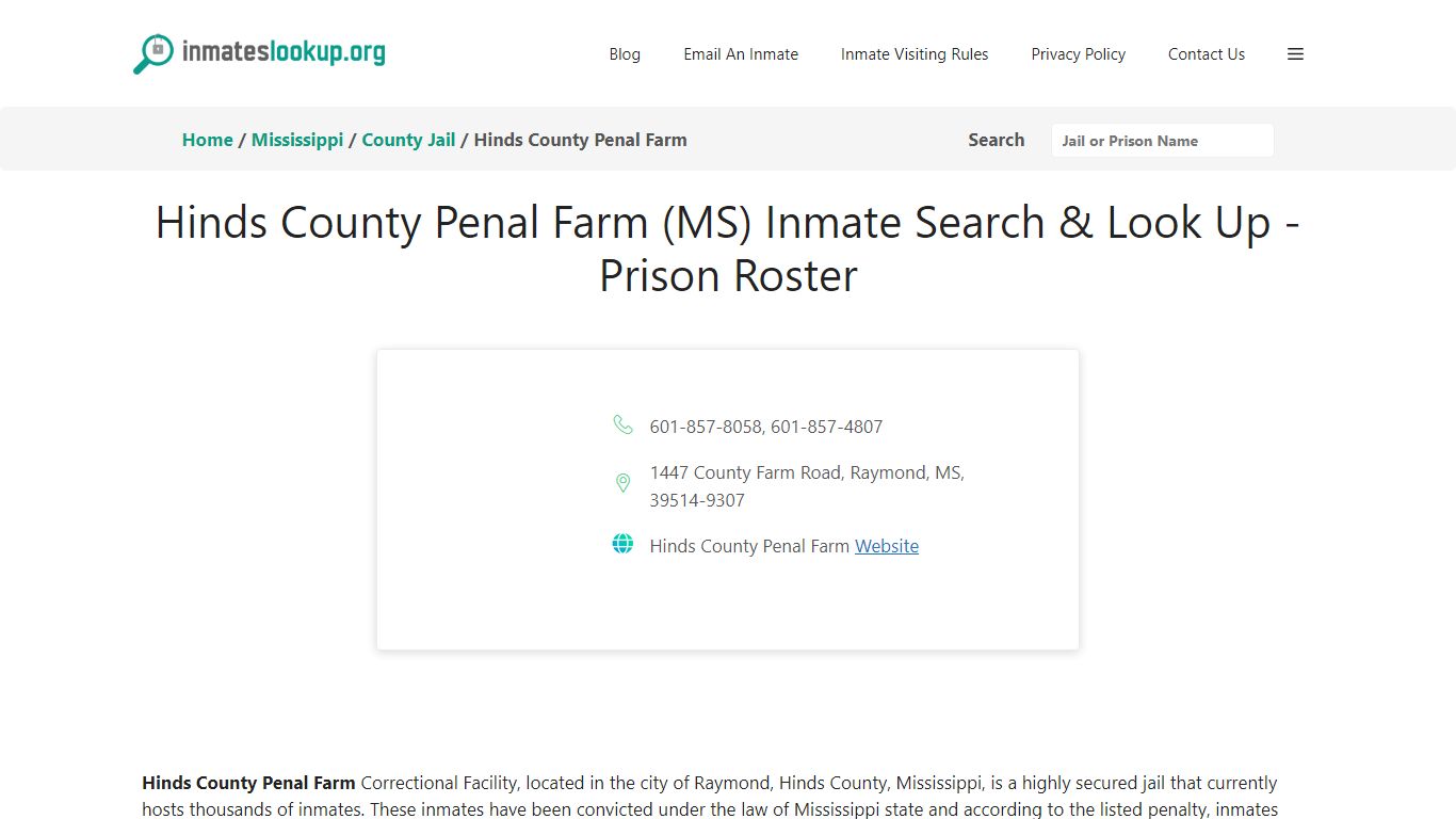 Hinds County Penal Farm (MS) Inmate Search & Look Up - Prison Roster